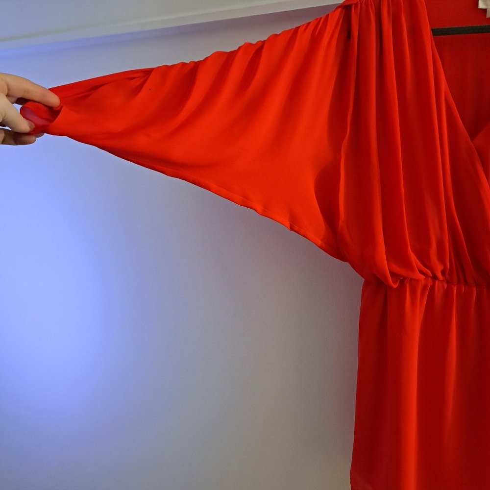 Parker Red Silk Plunge Ruched Sleeve Mini Dress - Picture 5 of 11